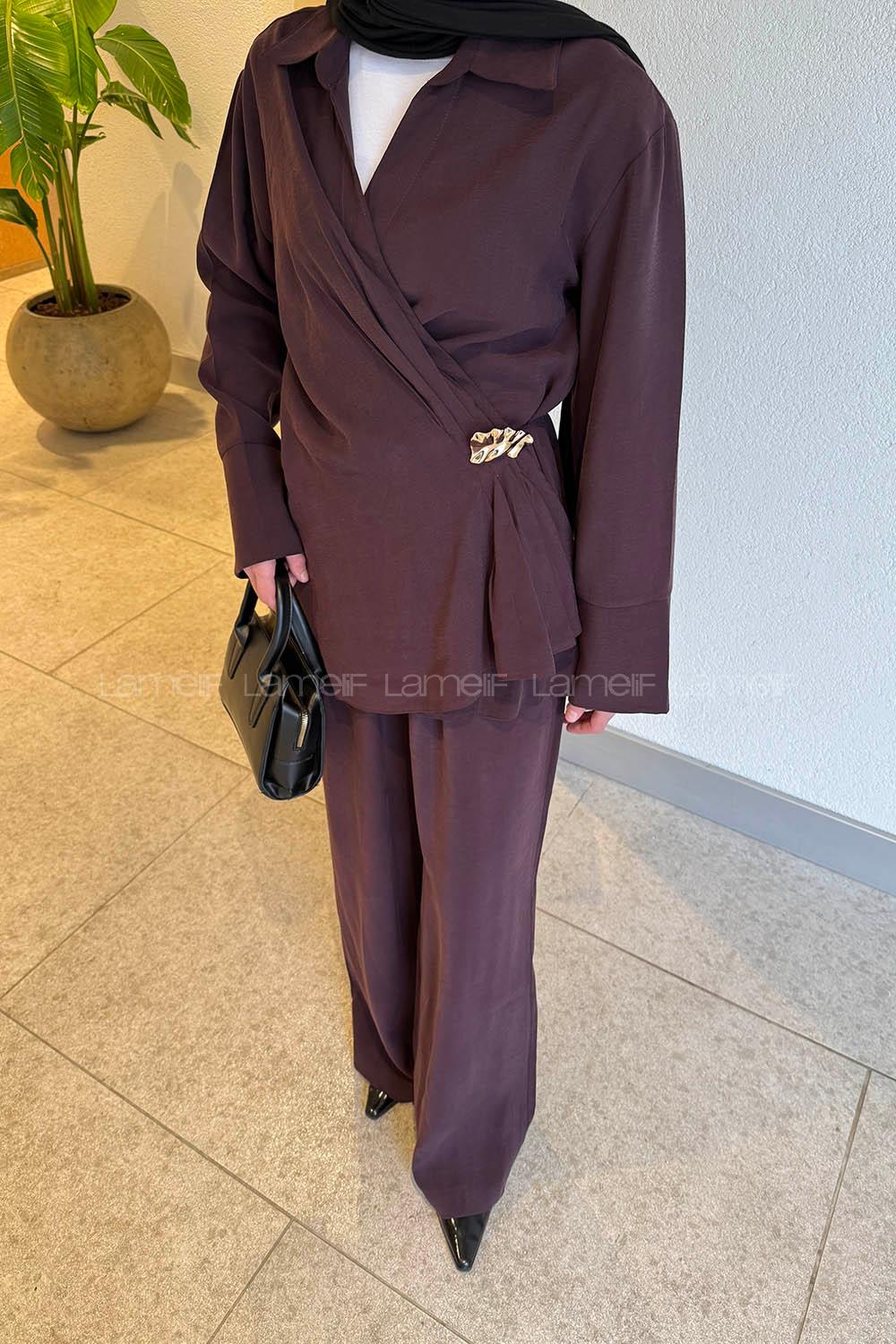 Lamelif Toka Detaylı Pantolonlu Takım Mürdüm