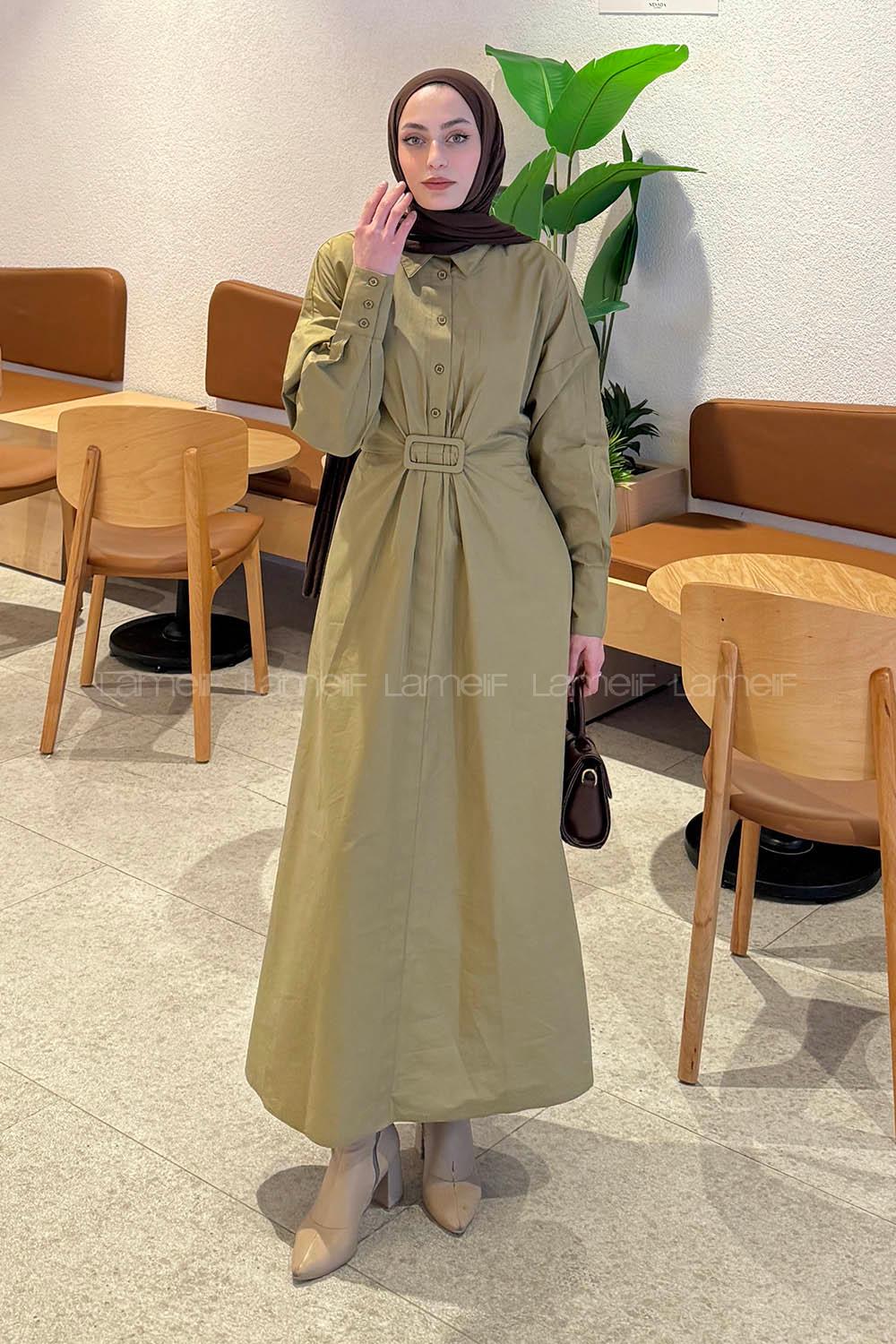 Lamelif Toka Detaylı Terikoton Elbise  Haki