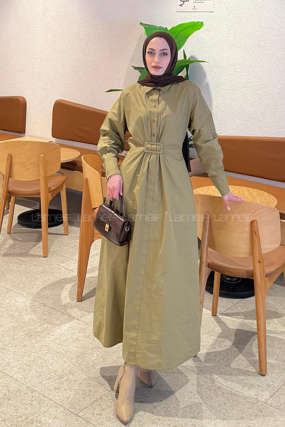 Lamelif Toka Detaylı Terikoton Elbise  Haki