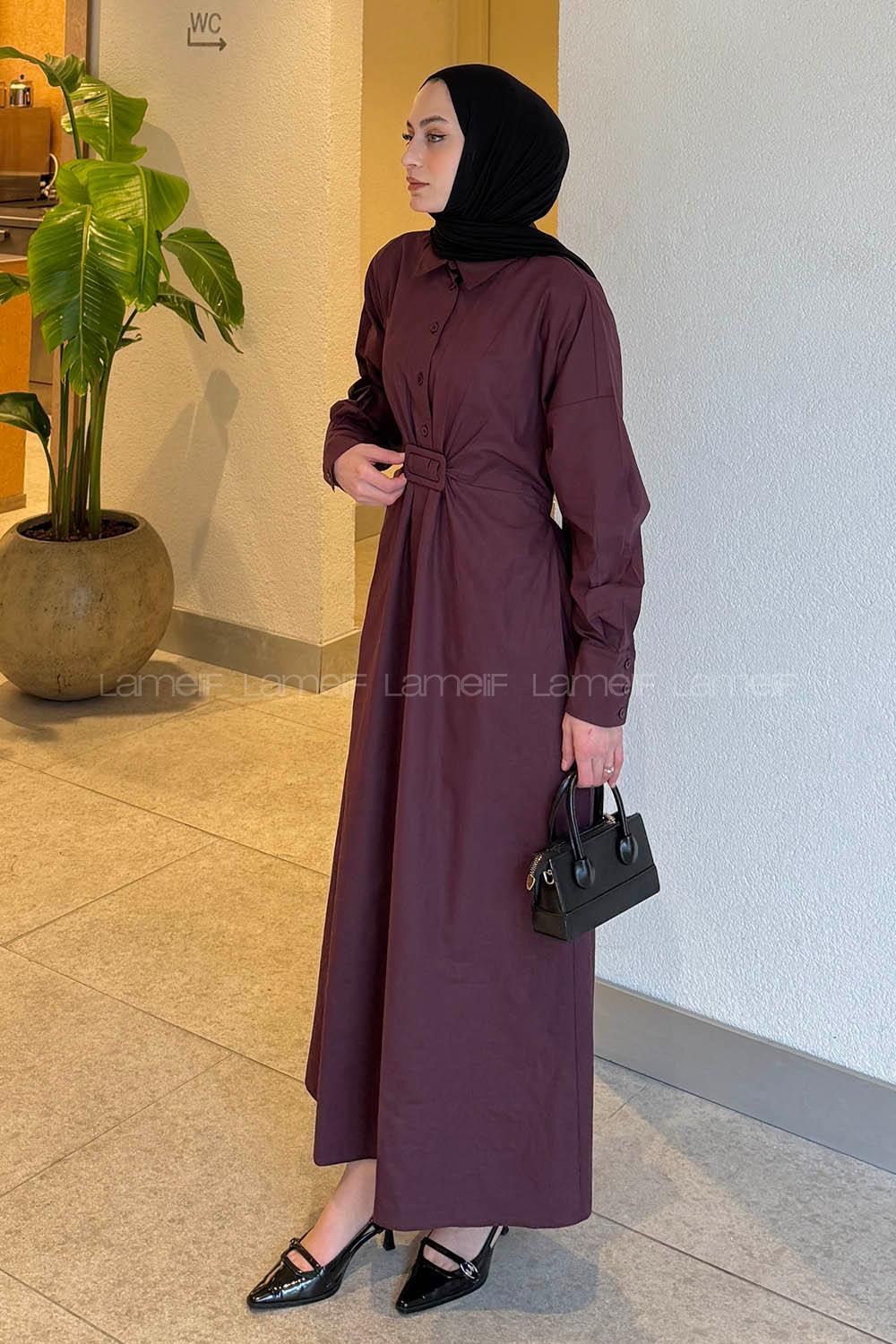 Lamelif Toka Detaylı Terikoton Elbise Mürdüm