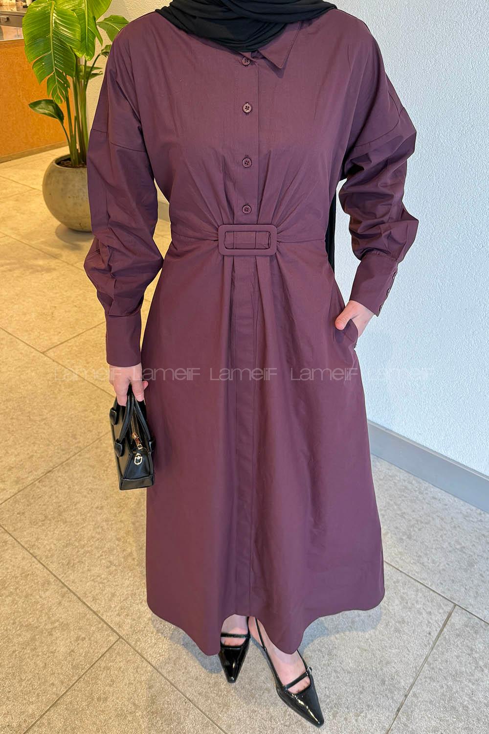 Lamelif Toka Detaylı Terikoton Elbise Mürdüm