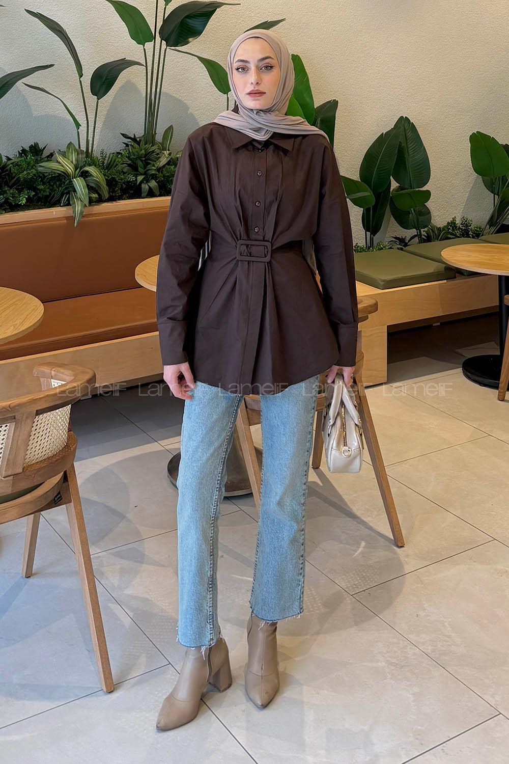 Lamelif Toka Detaylı Terikoton Gömlek Acı Kahve