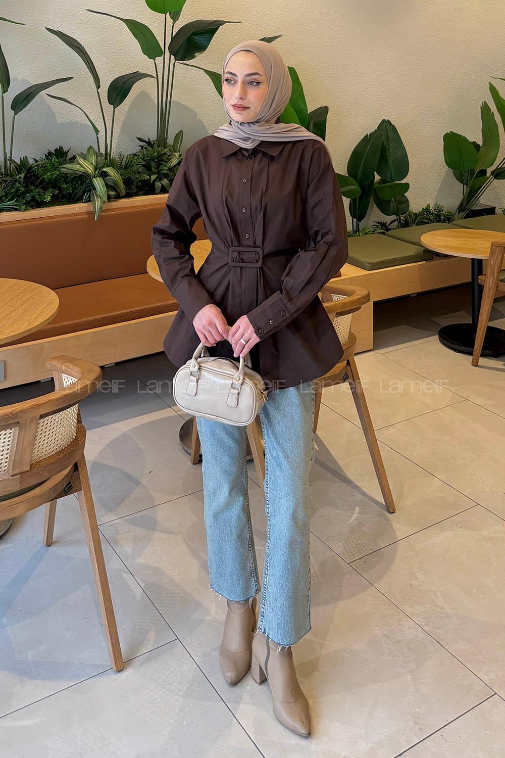 Lamelif Toka Detaylı Terikoton Gömlek Acı Kahve