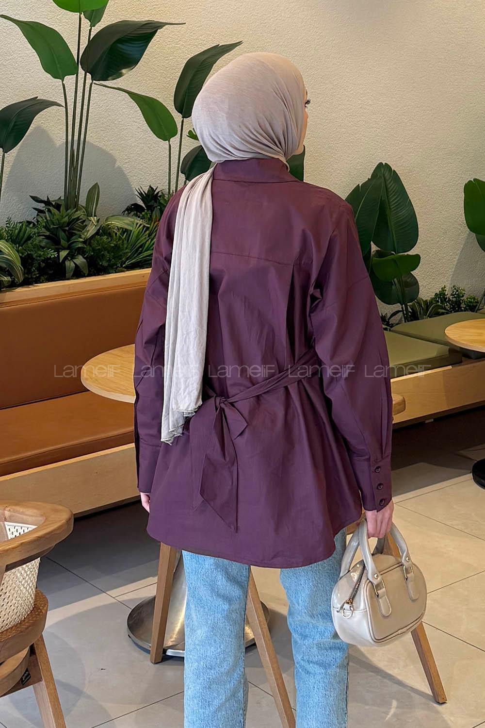 Lamelif Toka Detaylı Terikoton Gömlek Mürdüm