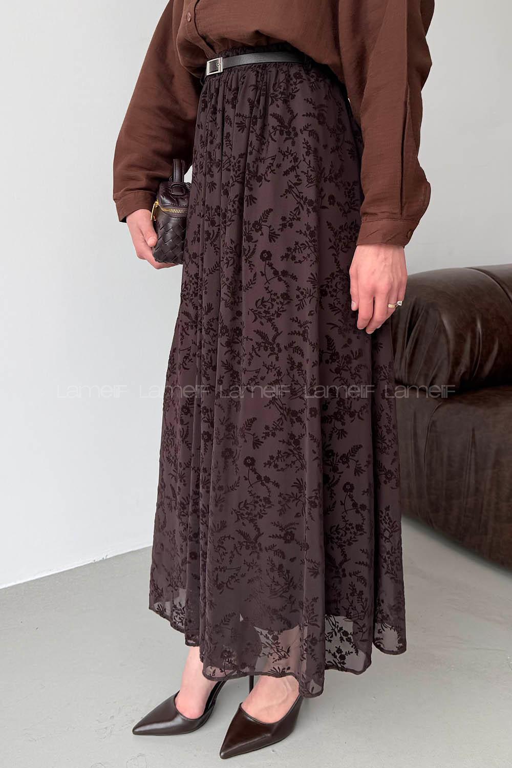 Lamelif Astarlı Tül Etek Acı Kahve