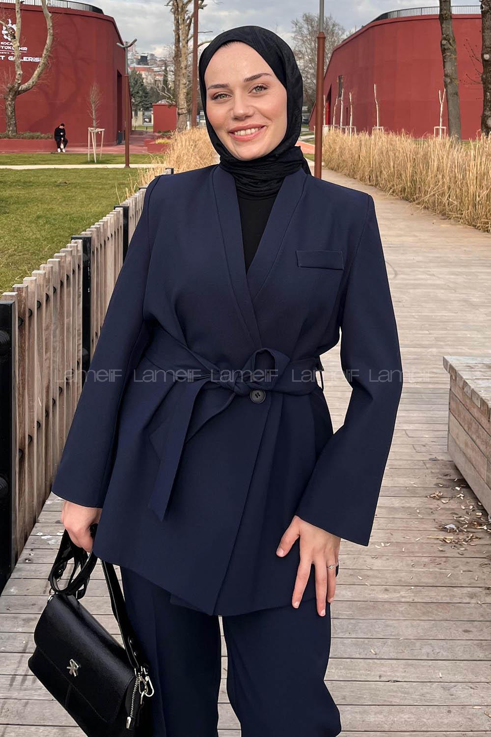 Lamelif Bağlama Detaylı Ceket-Pantolon Takım Lacivert