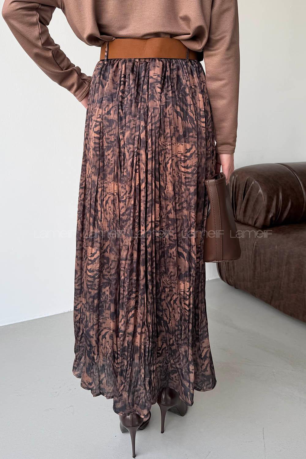 Lamelif Desenli Piliseli Etek Kahverengi