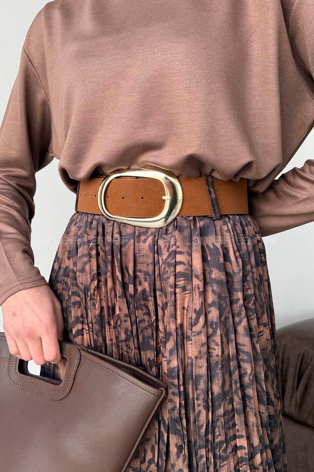 Lamelif Desenli Piliseli Etek Kahverengi