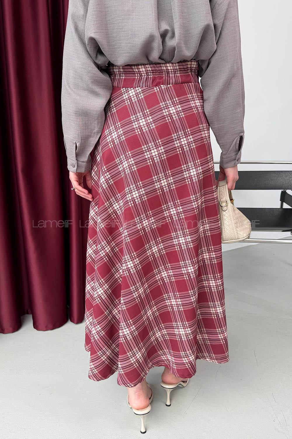 Lamelif Ekose Detay Çan Etek Bordo