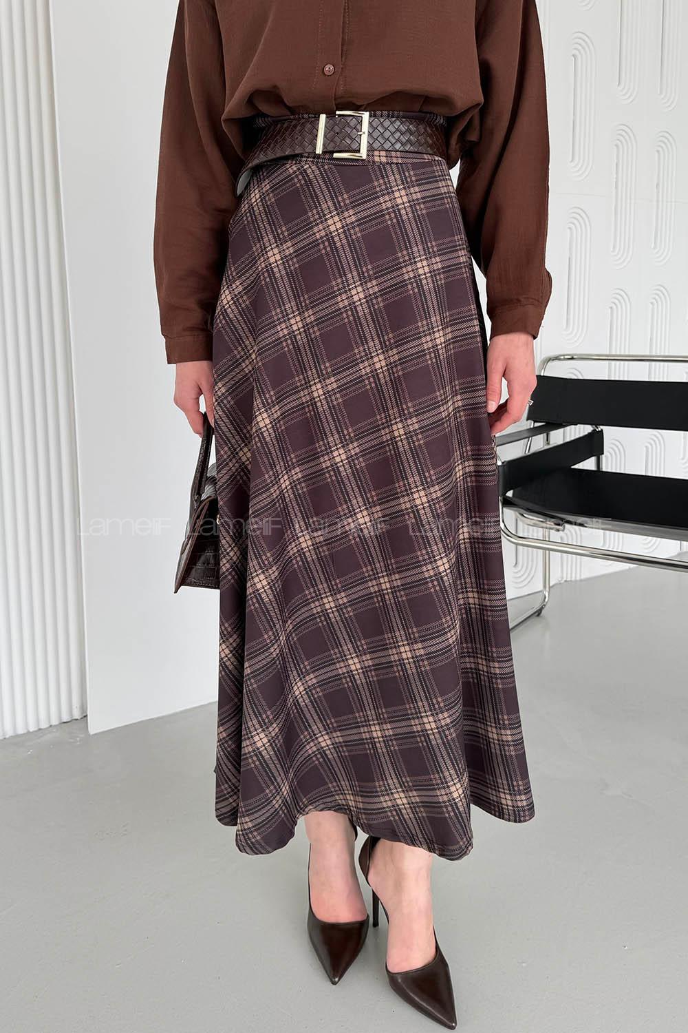 Lamelif Ekose Detay Çan Etek Kahverengi-Bej