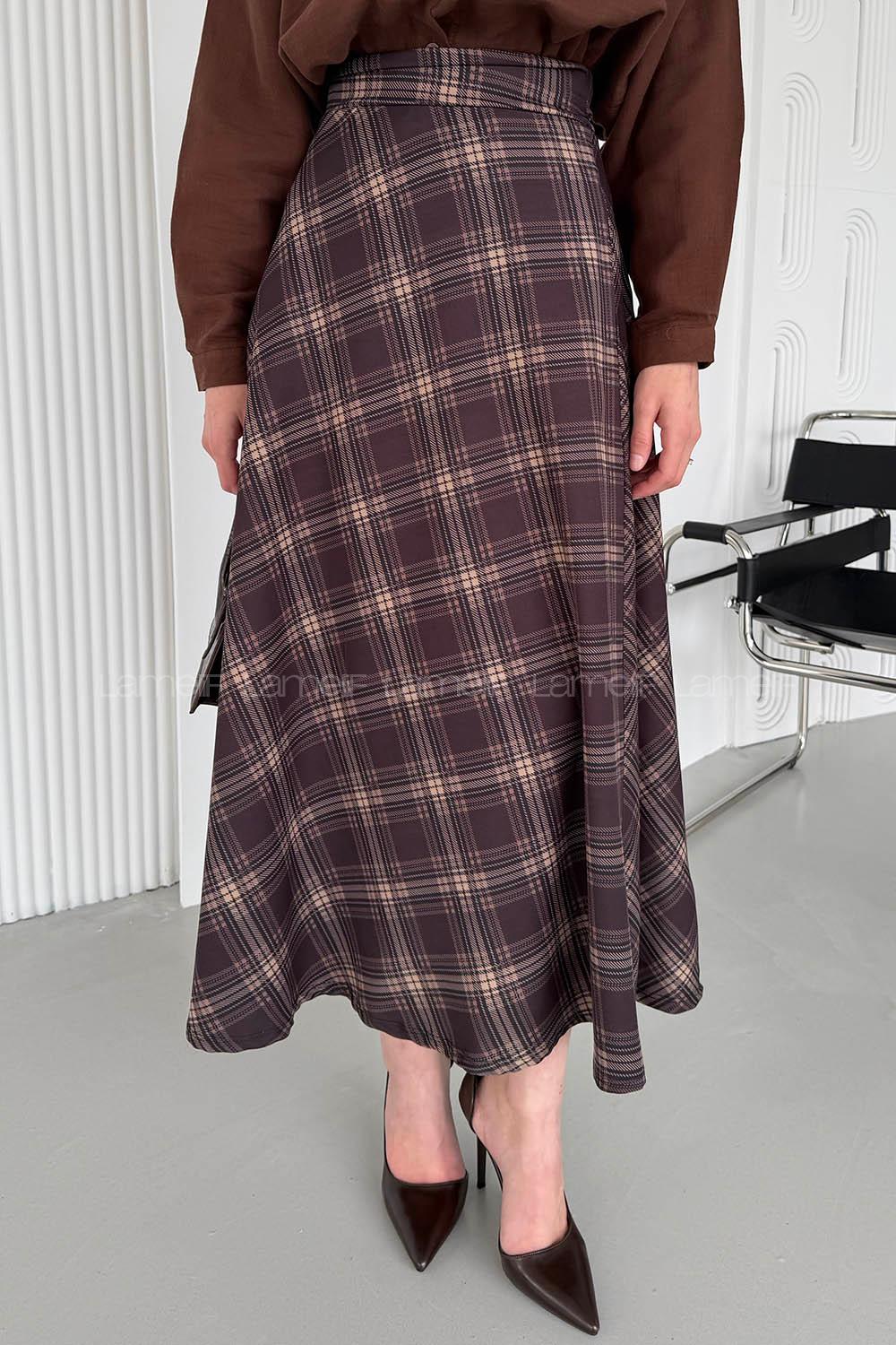 Lamelif Ekose Detay Çan Etek Kahverengi-Bej