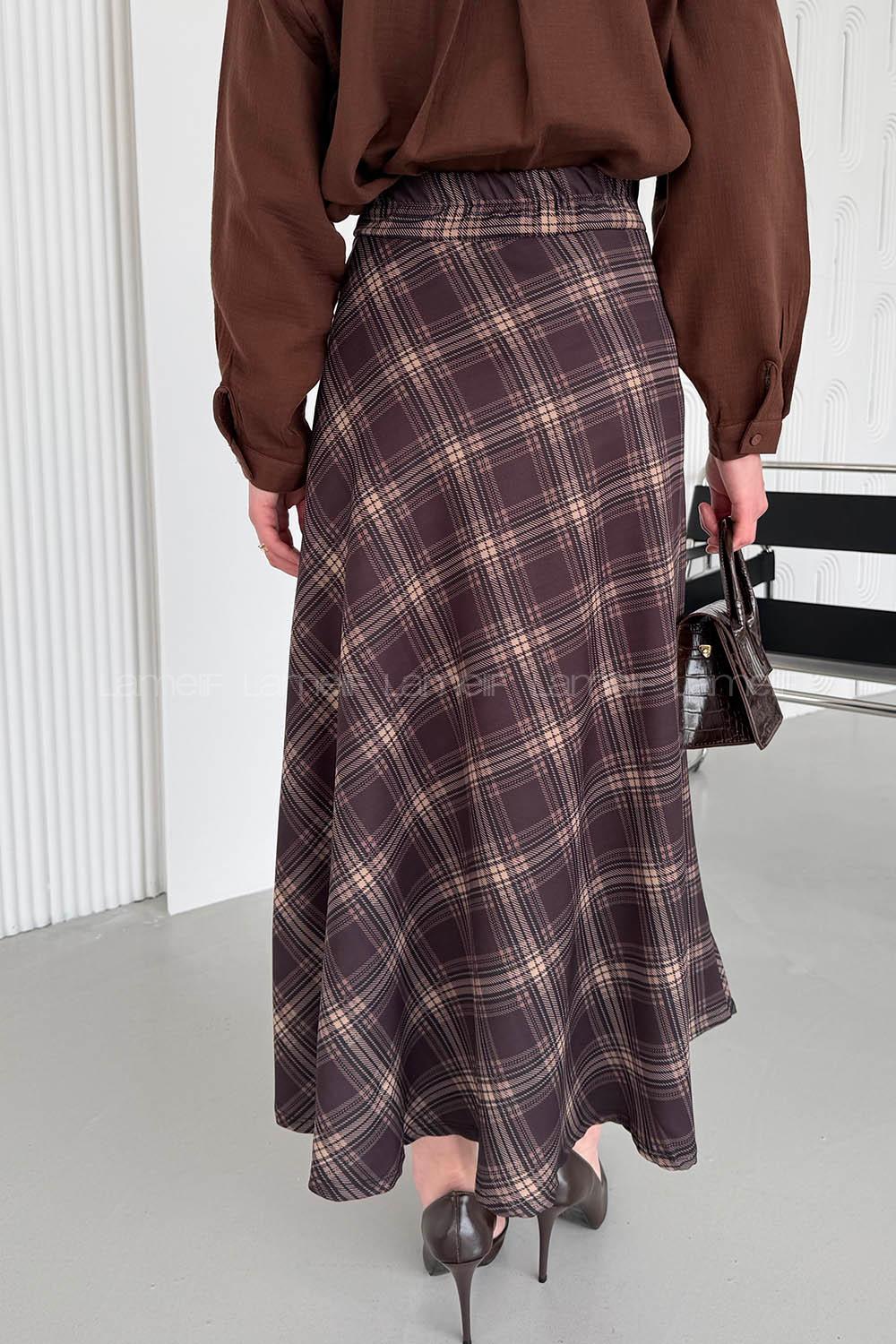 Lamelif Ekose Detay Çan Etek Kahverengi-Bej