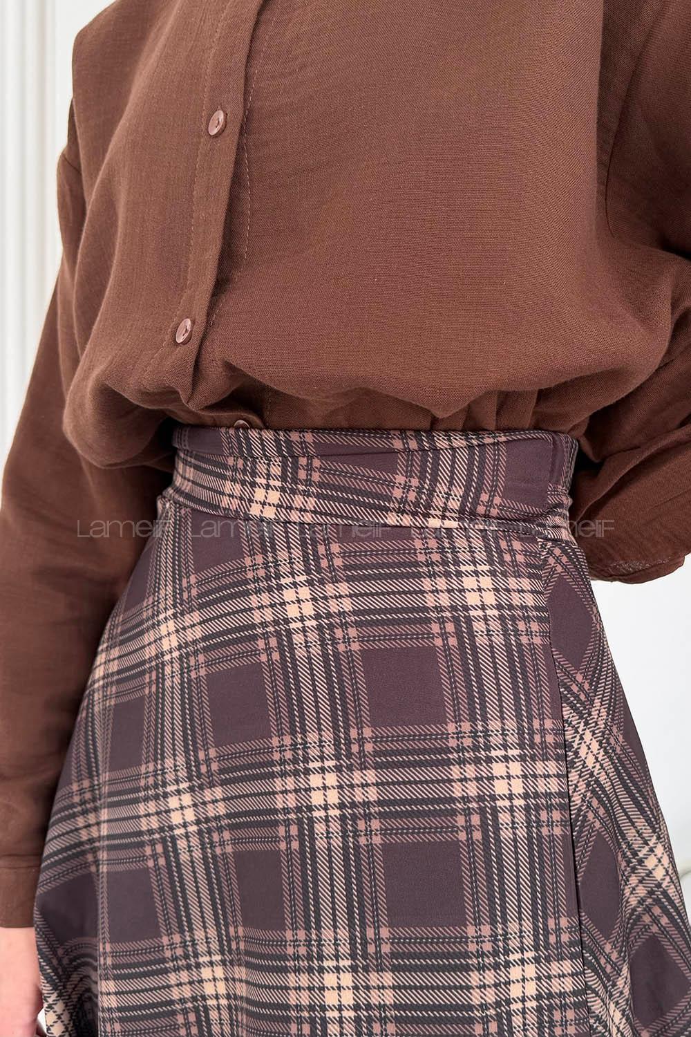 Lamelif Ekose Detay Çan Etek Kahverengi-Bej