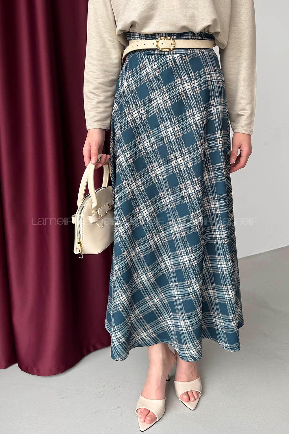 Lamelif Ekose Detay Çan Etek Petrol Mavisi