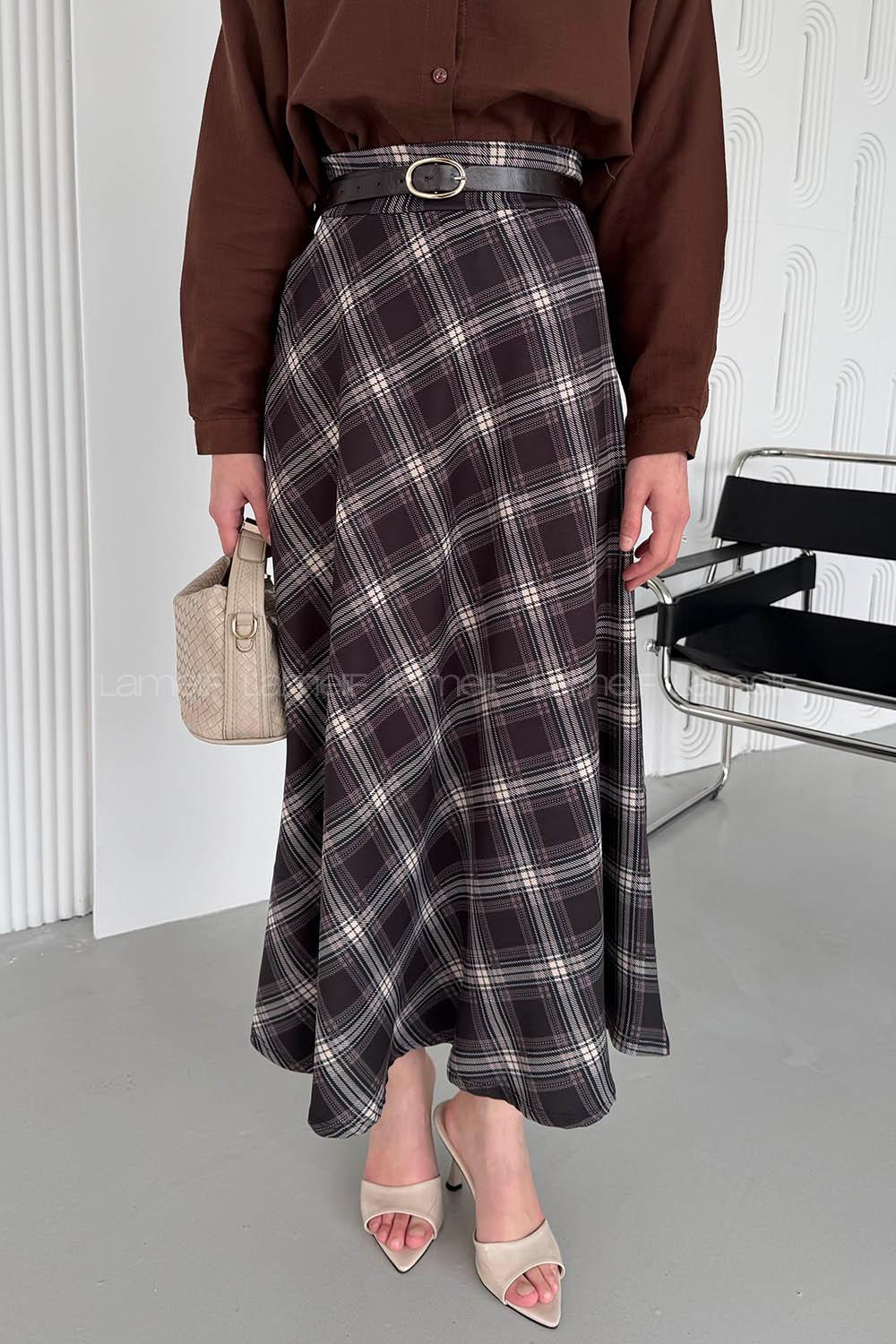 Lamelif Ekose Detay Çan Etek Siyah-Kahverengi