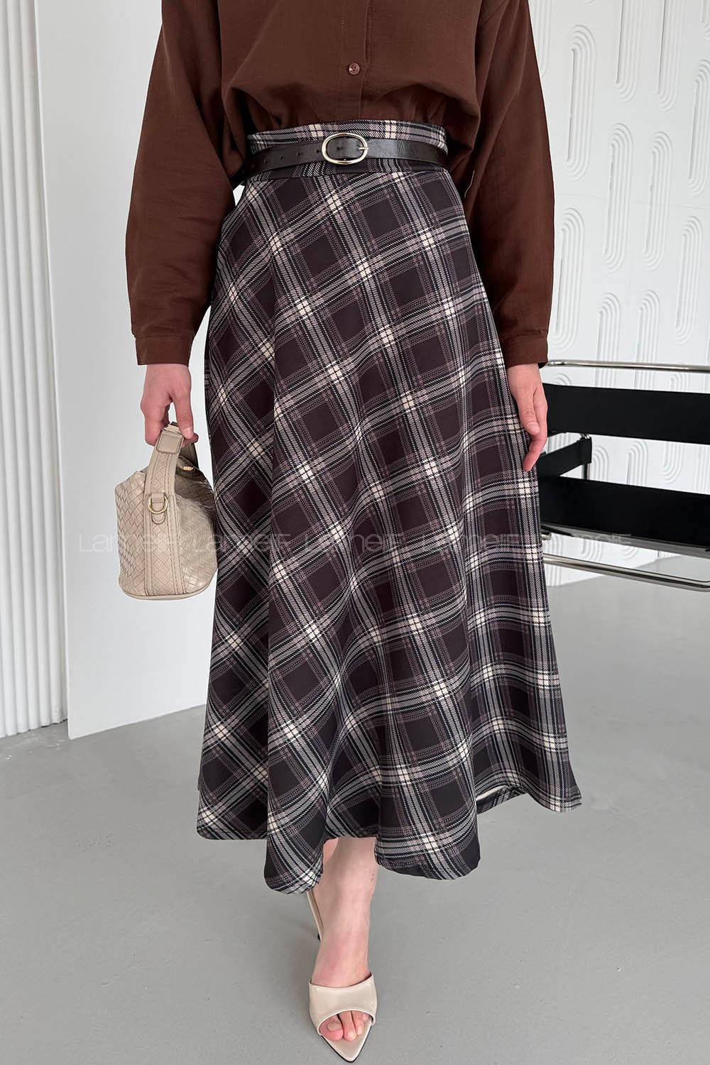 Lamelif Ekose Detay Çan Etek Siyah-Kahverengi