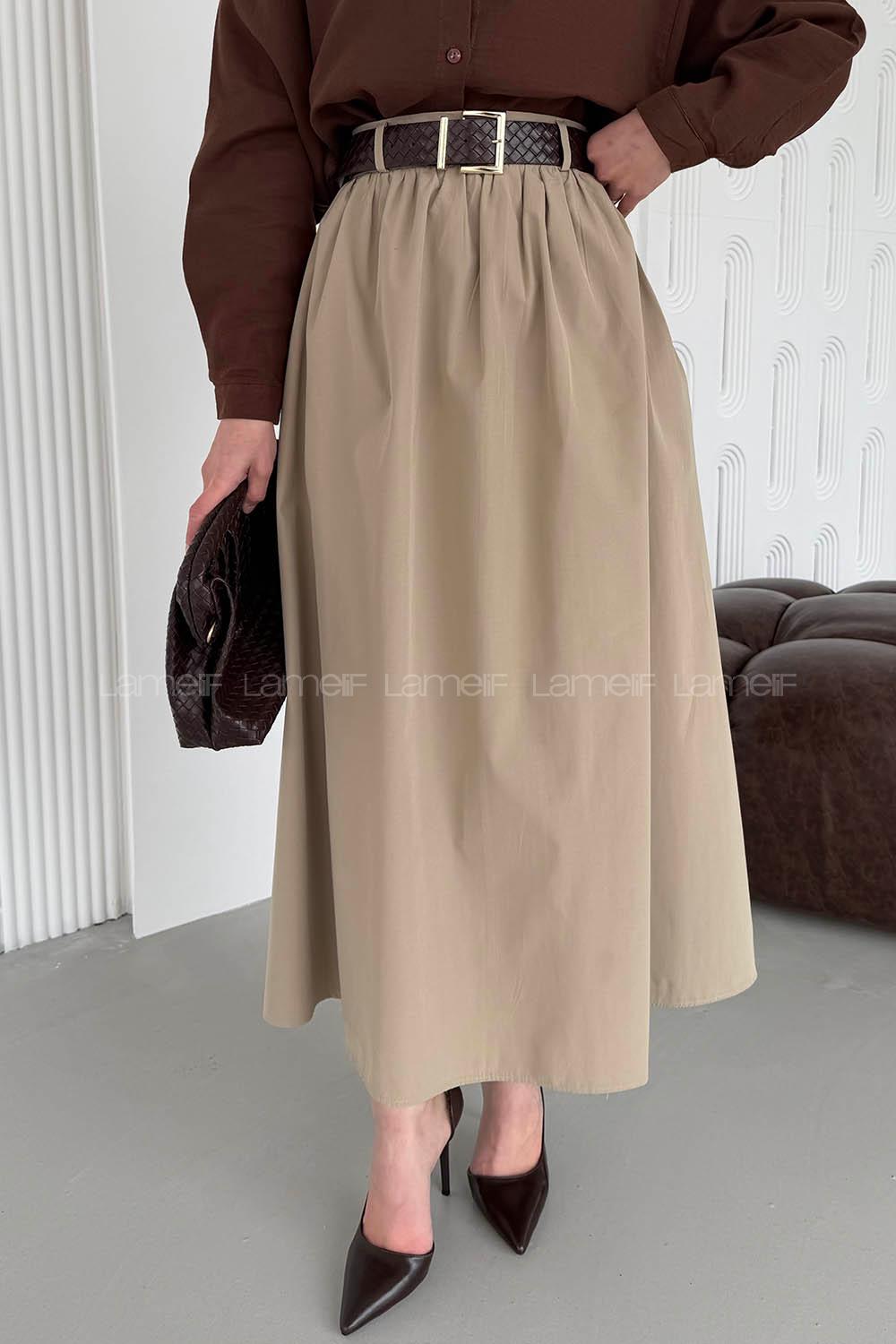 Lamelif Kemerli Büzgülü Etek Haki