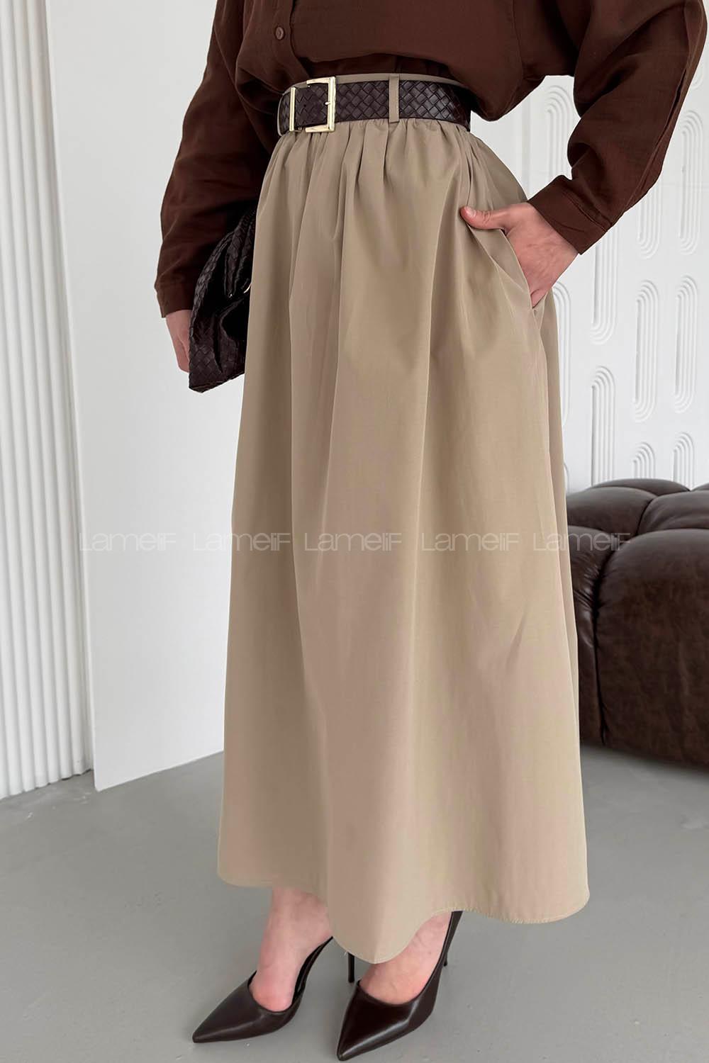 Lamelif Kemerli Büzgülü Etek Haki