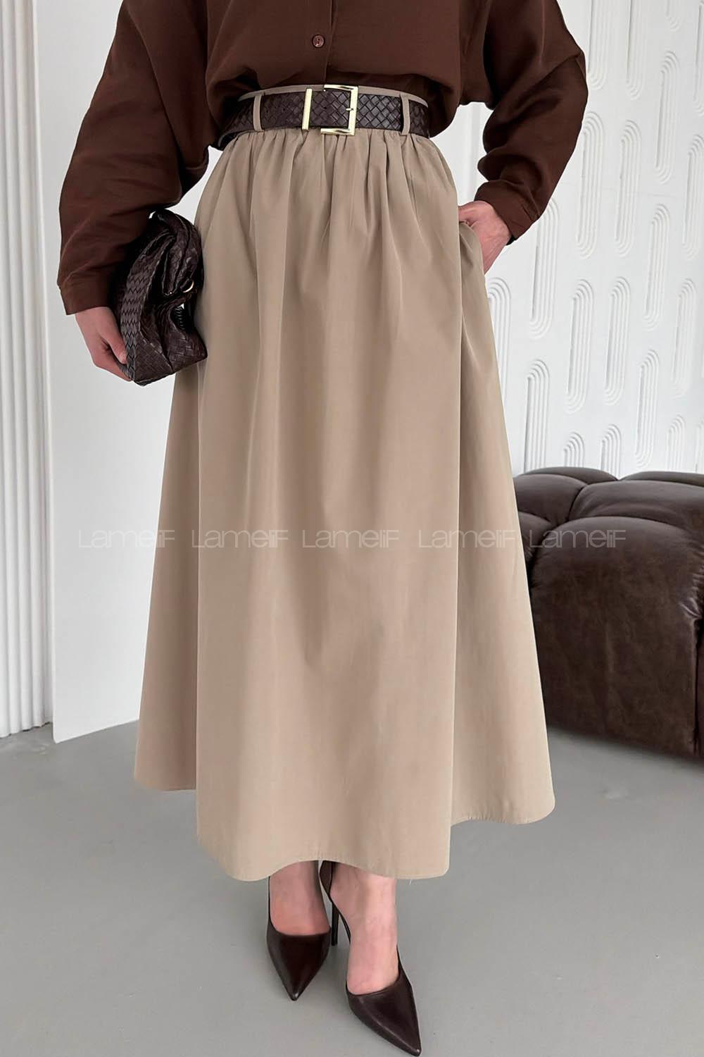 Lamelif Kemerli Büzgülü Etek Haki