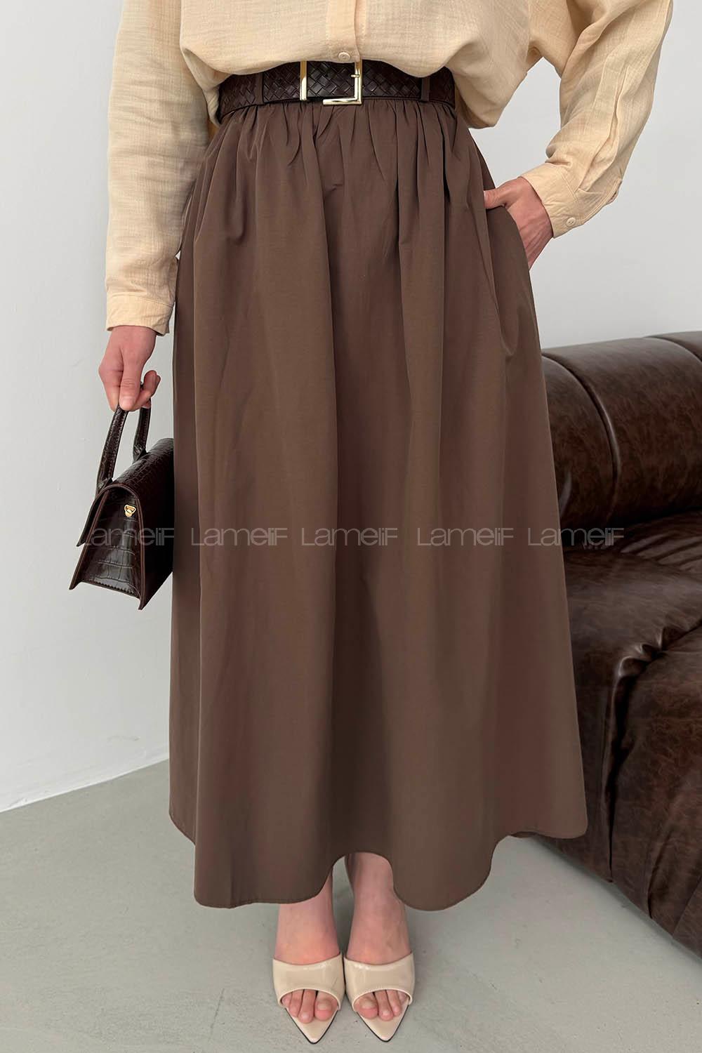 Lamelif Kemerli Büzgülü Etek Kahverengi