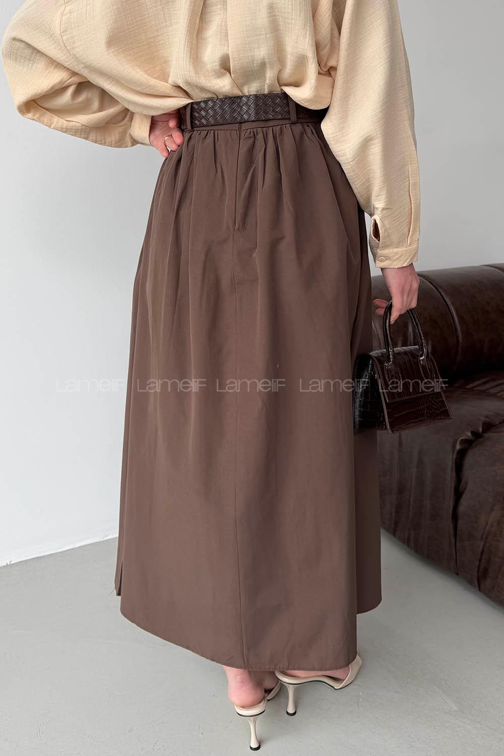Lamelif Kemerli Büzgülü Etek Kahverengi