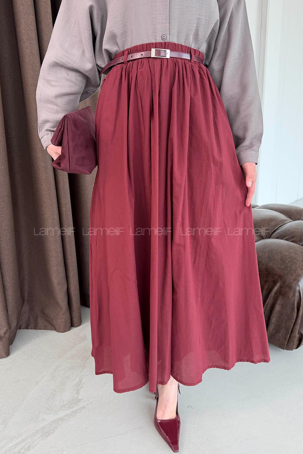 Lamelif Kemerli Cepli Tesettür Etek Bordo
