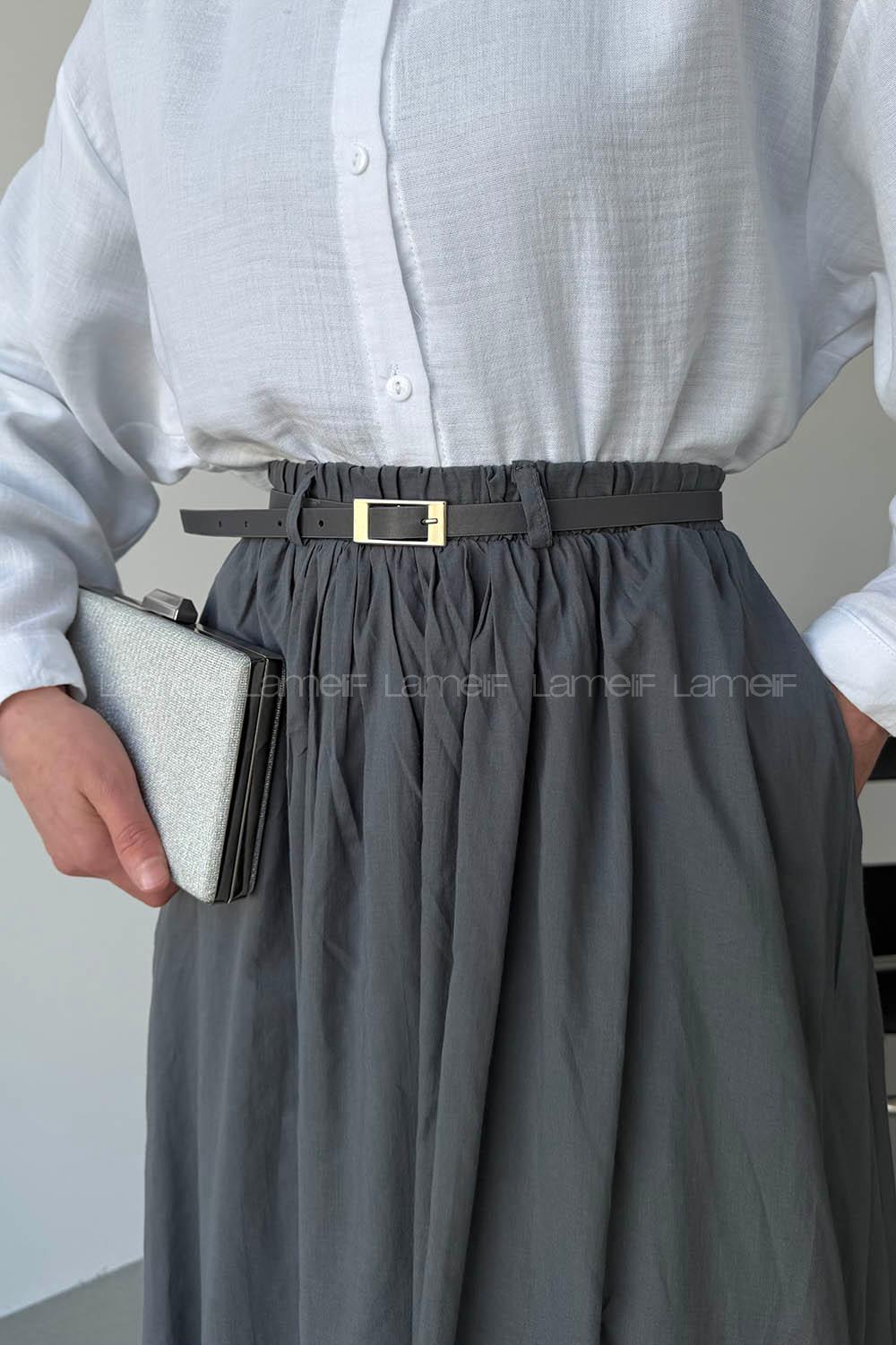 Lamelif Kemerli Cepli Tesettür Etek Gri