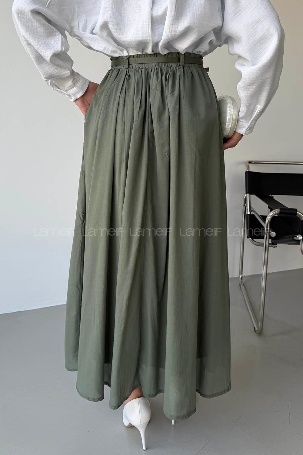 Lamelif Kemerli Cepli Tesettür Etek Haki