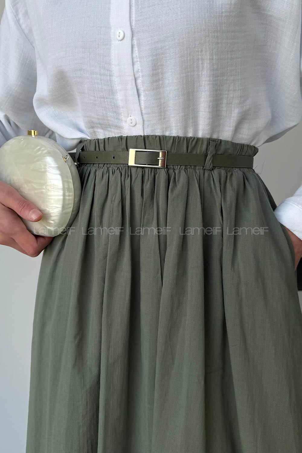 Lamelif Kemerli Cepli Tesettür Etek Haki