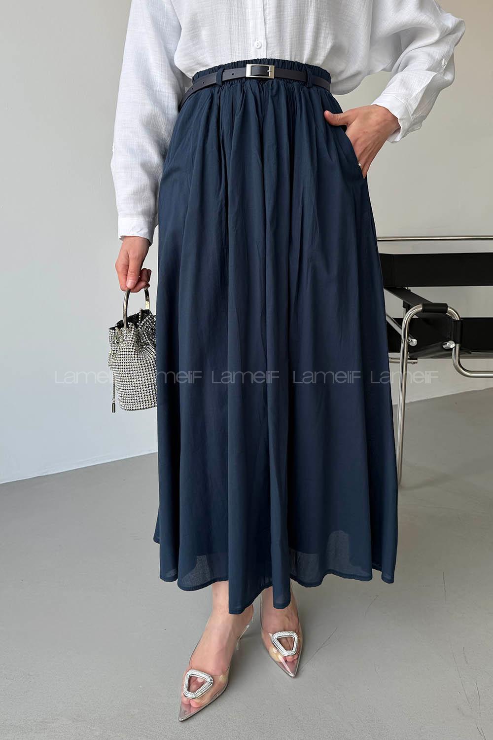 Lamelif Kemerli Cepli Tesettür Etek Lacivert