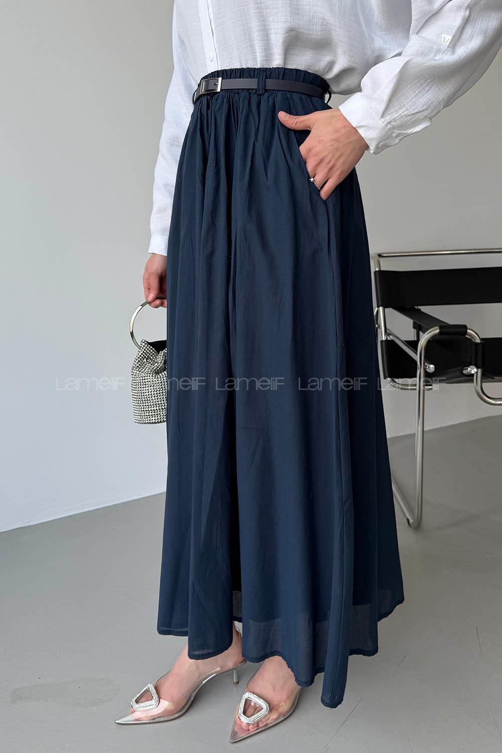 Lamelif Kemerli Cepli Tesettür Etek Lacivert