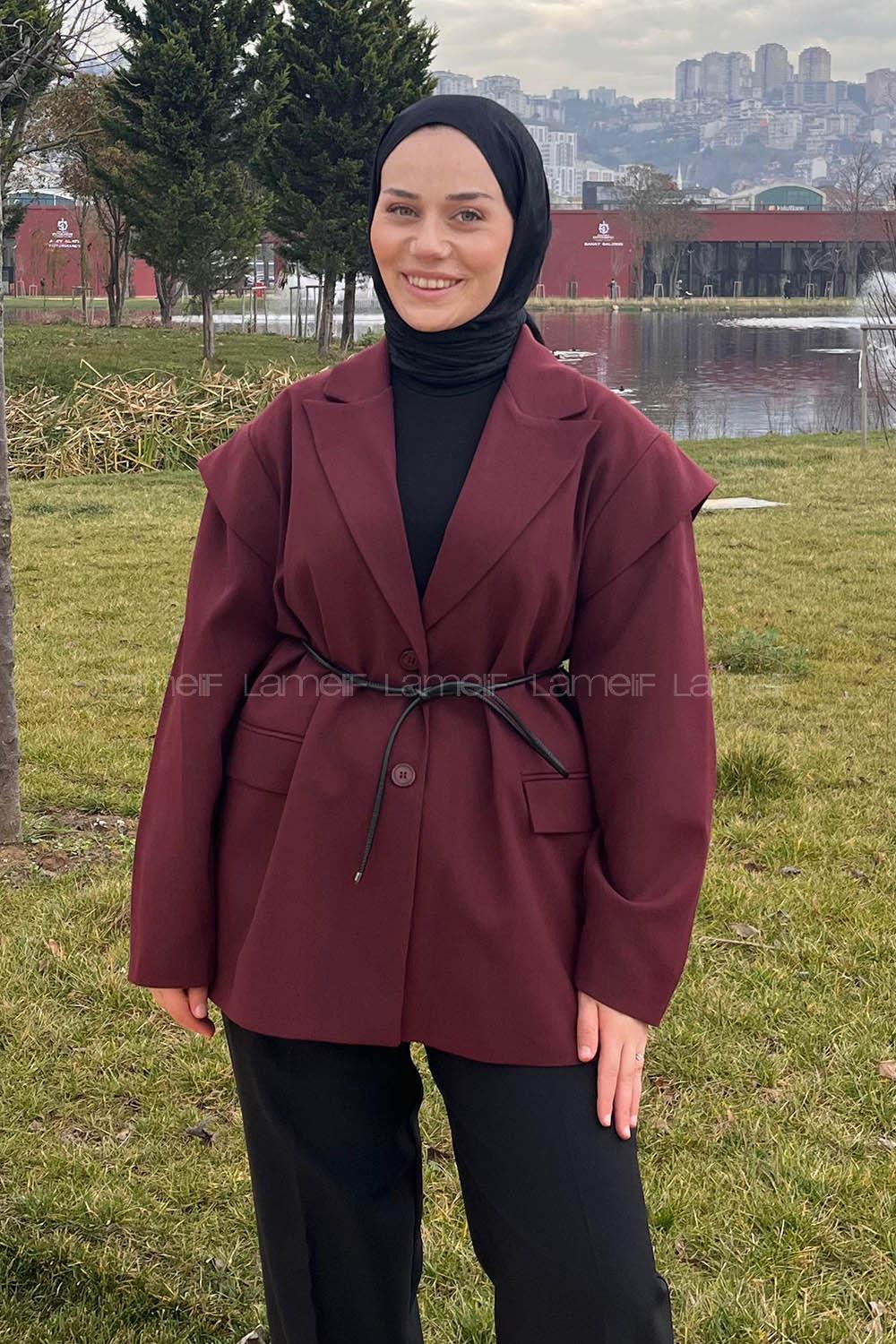 Lamelif Kol Detaylı Oversize Ceket Bordo