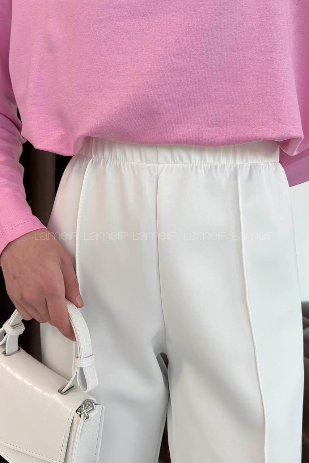 Lamelif Önü Çımalı Scuba Pantolon Beyaz