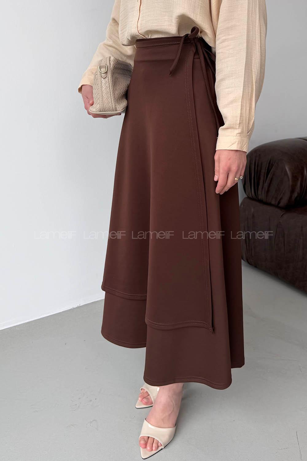 Lamelif Scuba Yandan Bağlamalı Çan Etek Acı Kahve