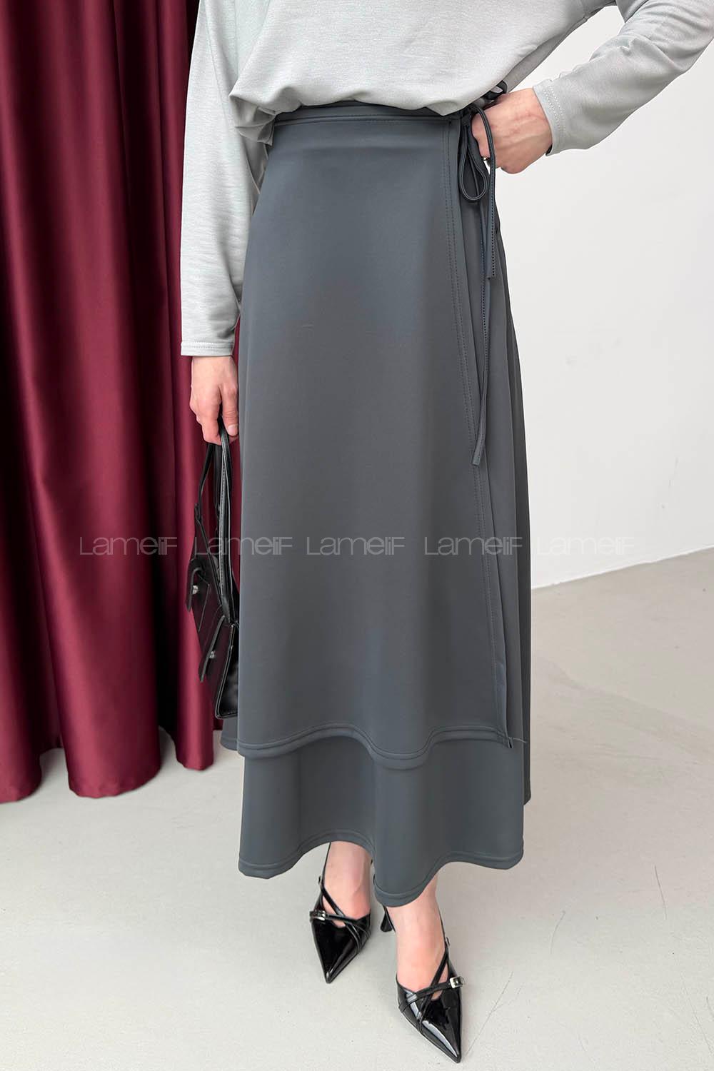 Lamelif Scuba Yandan Bağlamalı Çan Etek Antrasit