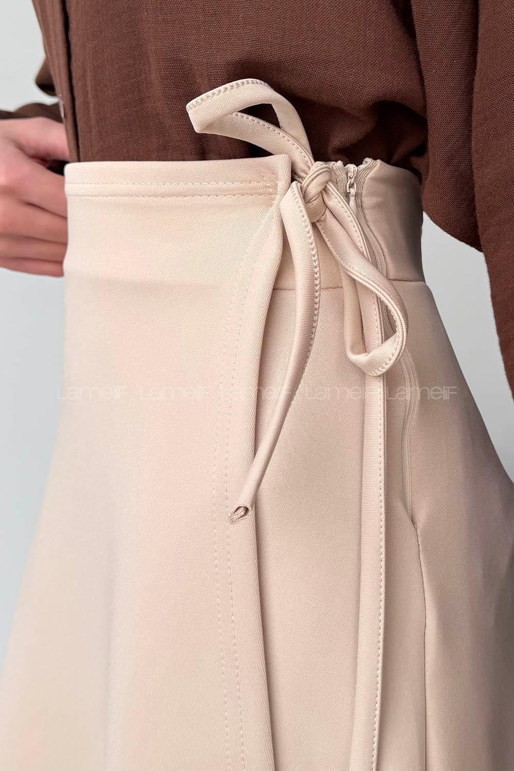 Lamelif Scuba Yandan Bağlamalı Çan Etek Bej