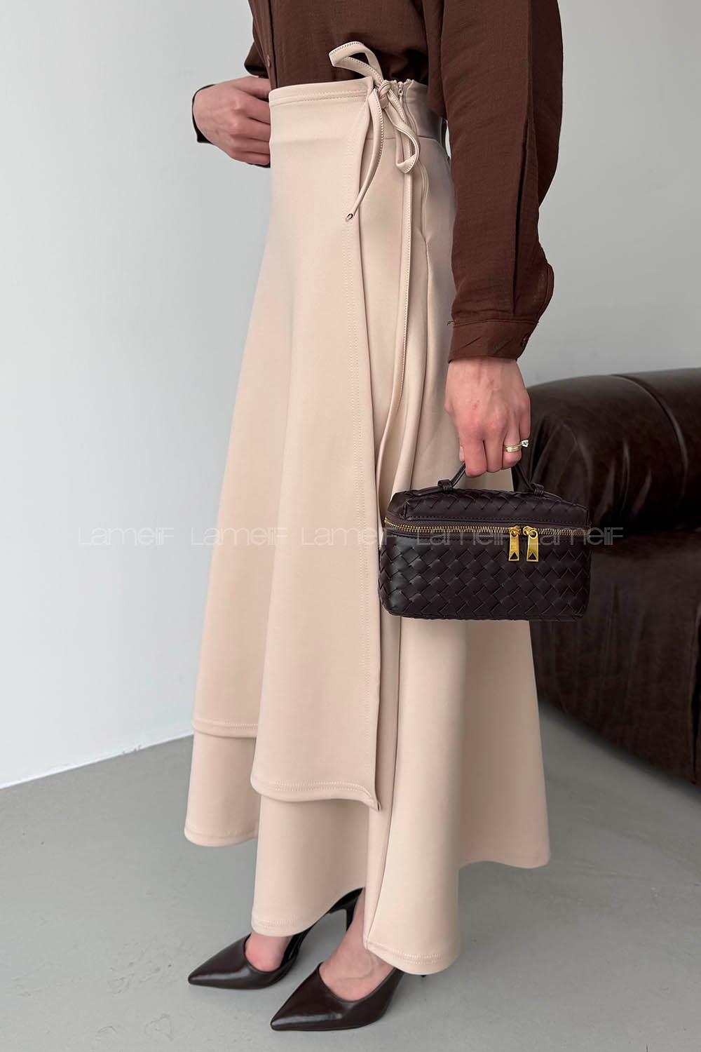 Lamelif Scuba Yandan Bağlamalı Çan Etek Bej