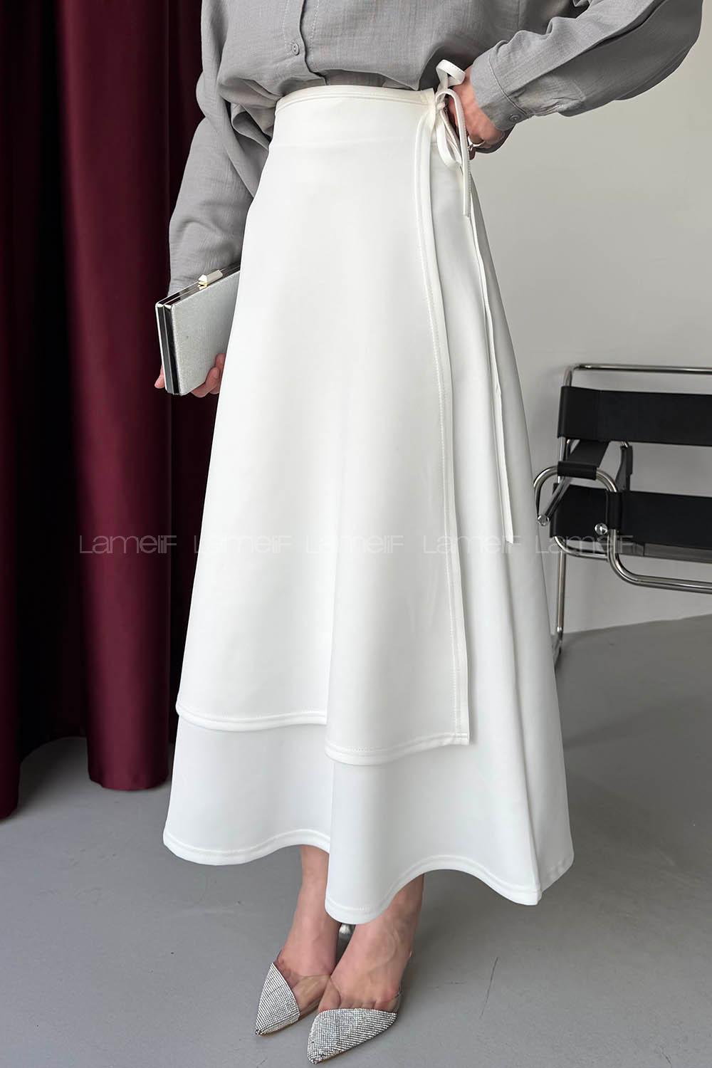 Lamelif Scuba Yandan Bağlamalı Çan Etek Beyaz