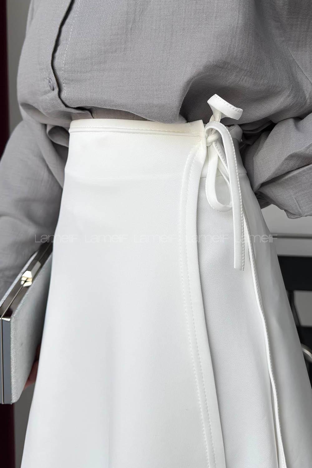 Lamelif Scuba Yandan Bağlamalı Çan Etek Beyaz