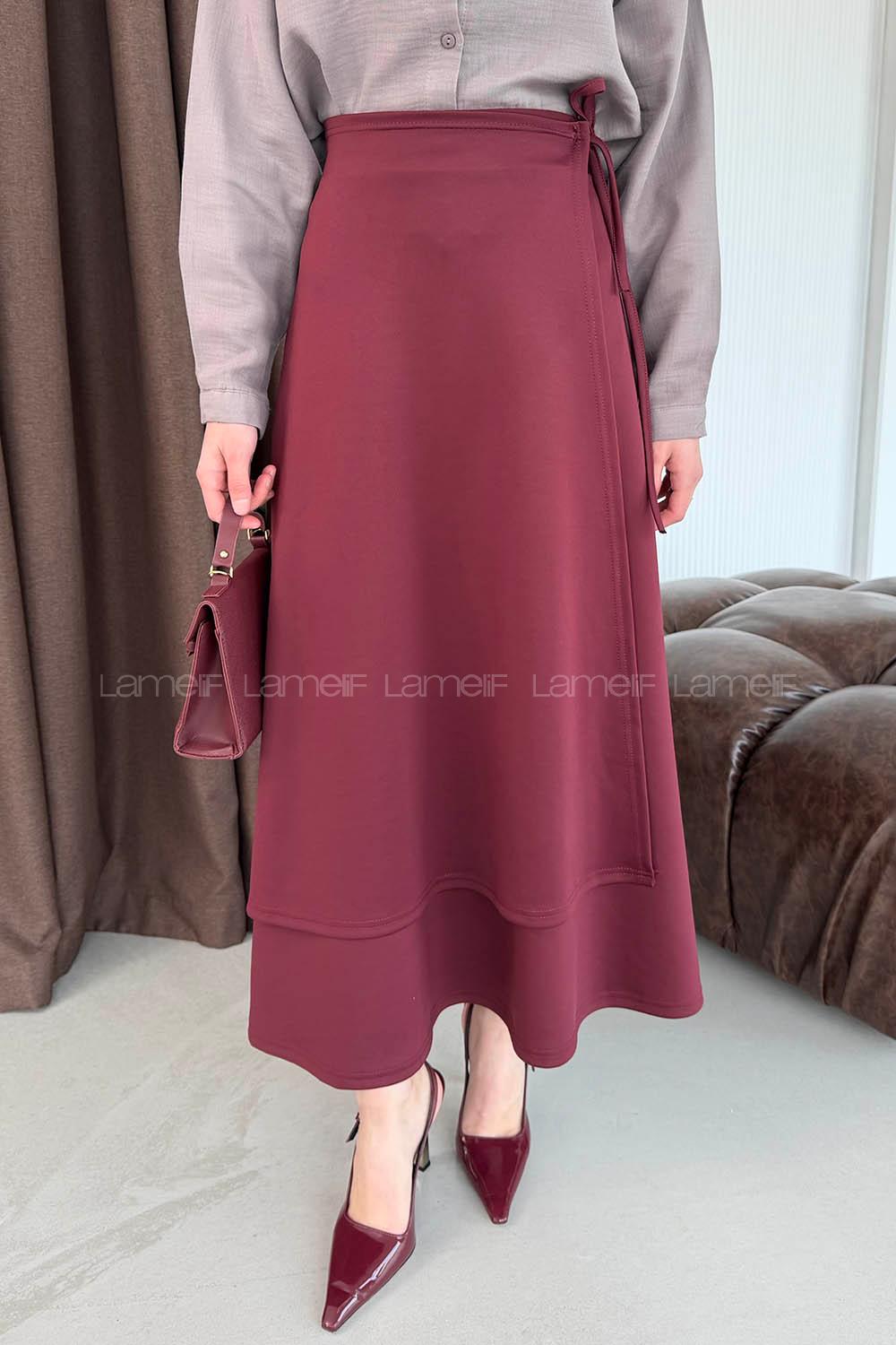 Lamelif Scuba Yandan Bağlamalı Çan Etek Bordo