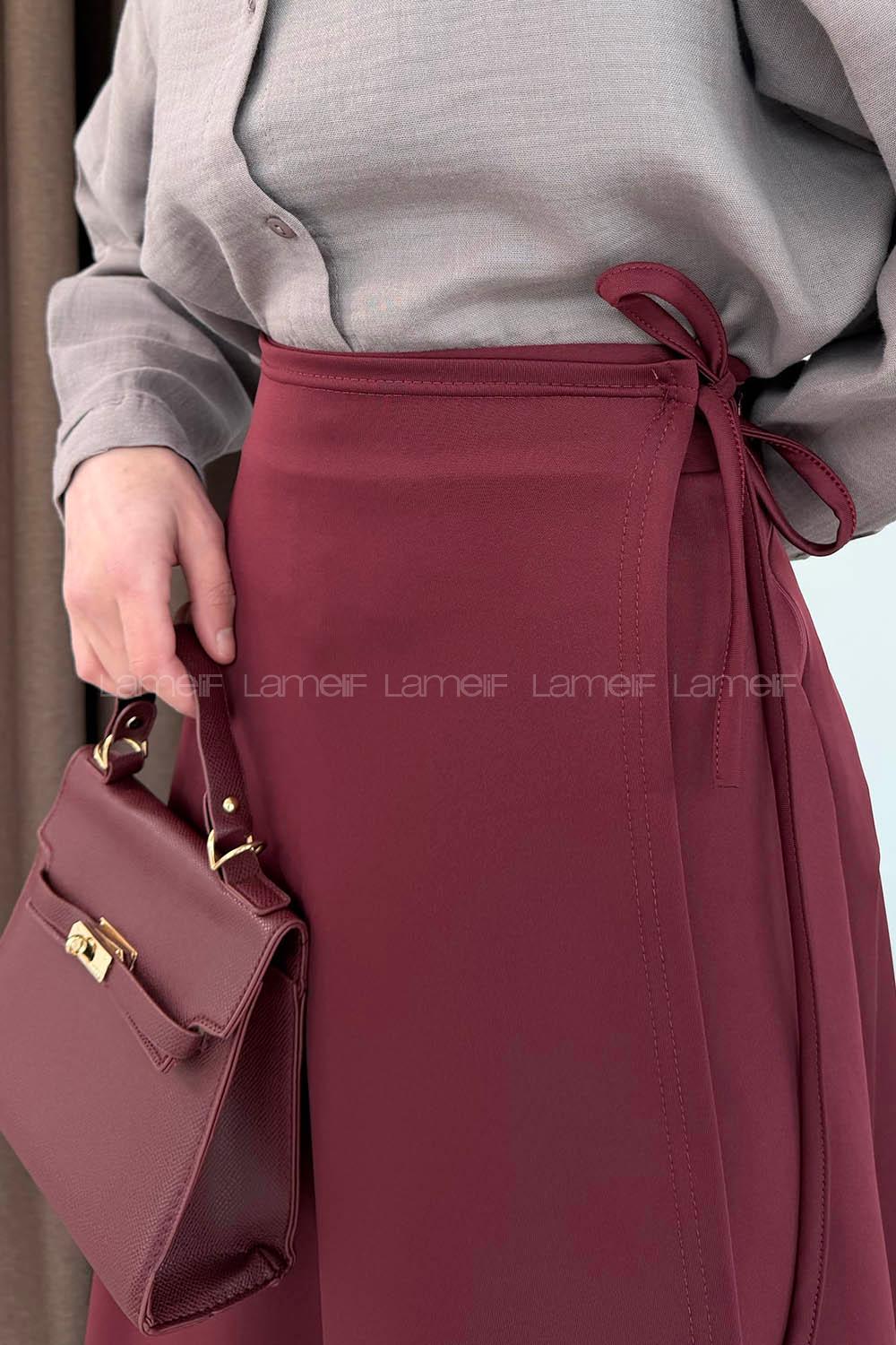 Lamelif Scuba Yandan Bağlamalı Çan Etek Bordo