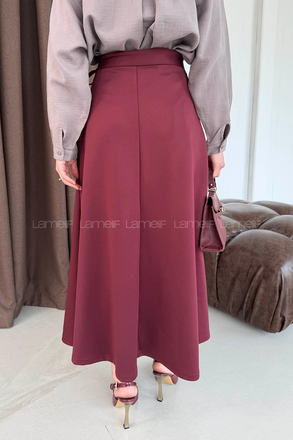 Lamelif Scuba Yandan Bağlamalı Çan Etek Bordo