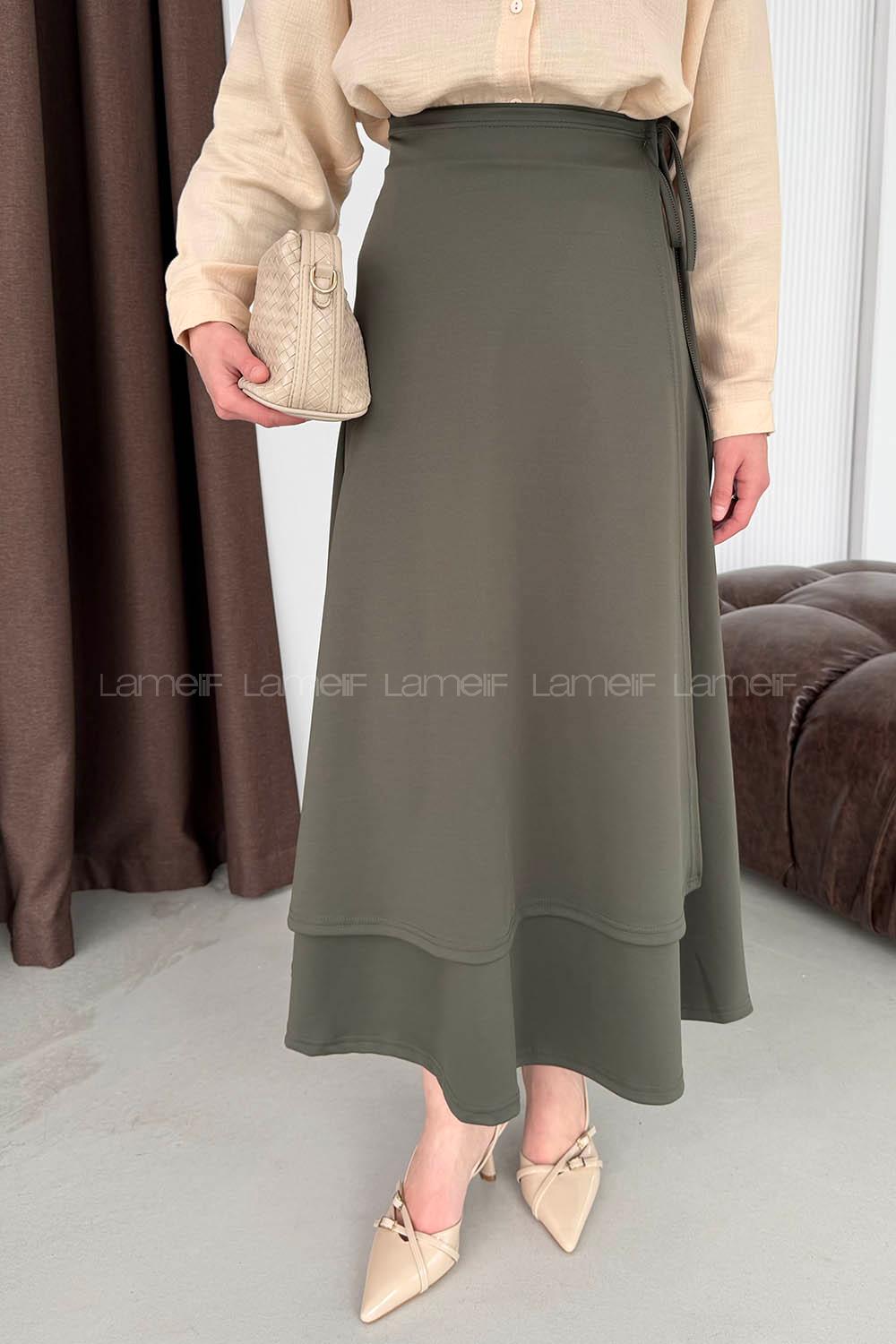 Lamelif Scuba Yandan Bağlamalı Çan Etek Haki