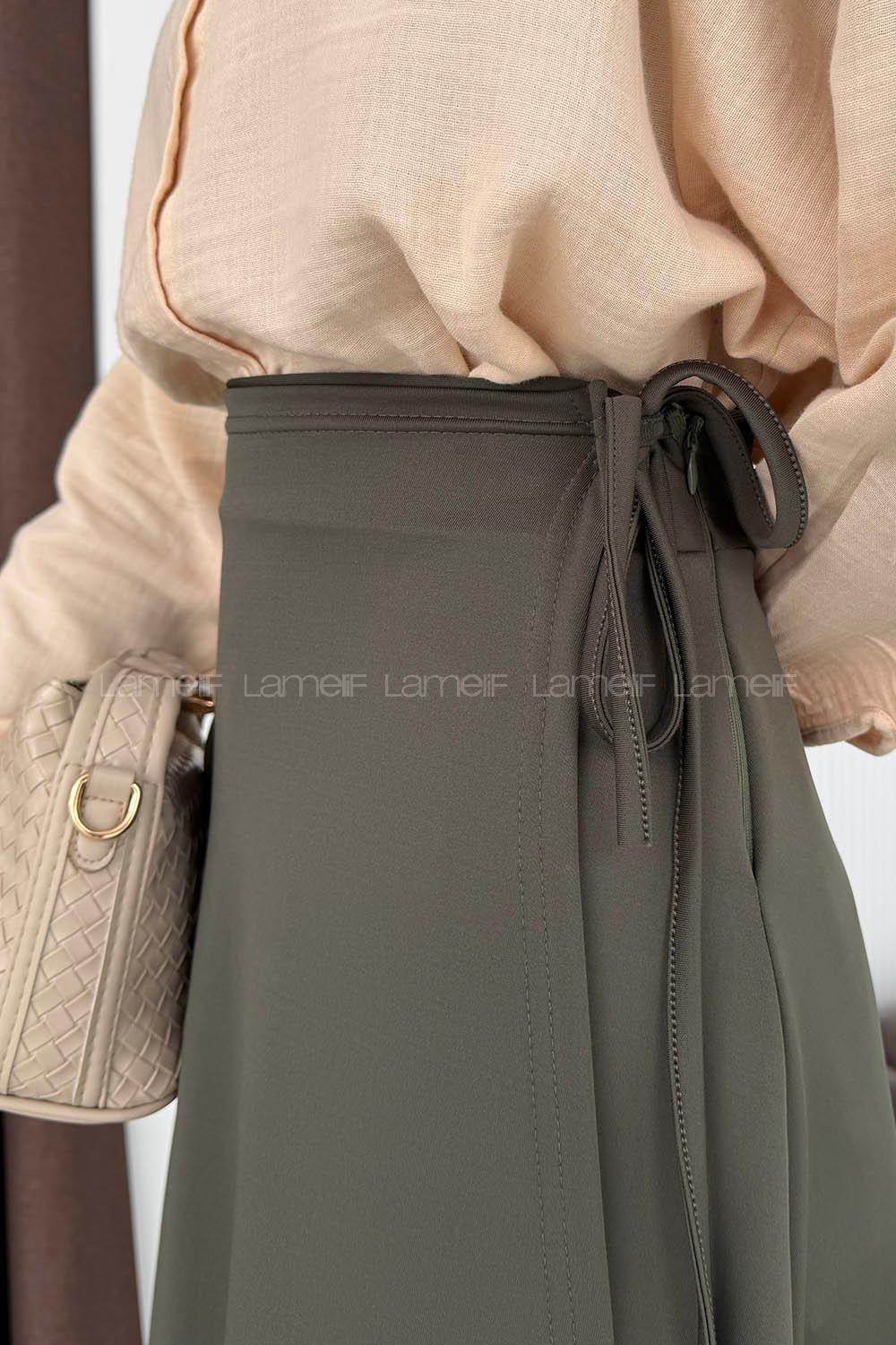 Lamelif Scuba Yandan Bağlamalı Çan Etek Haki