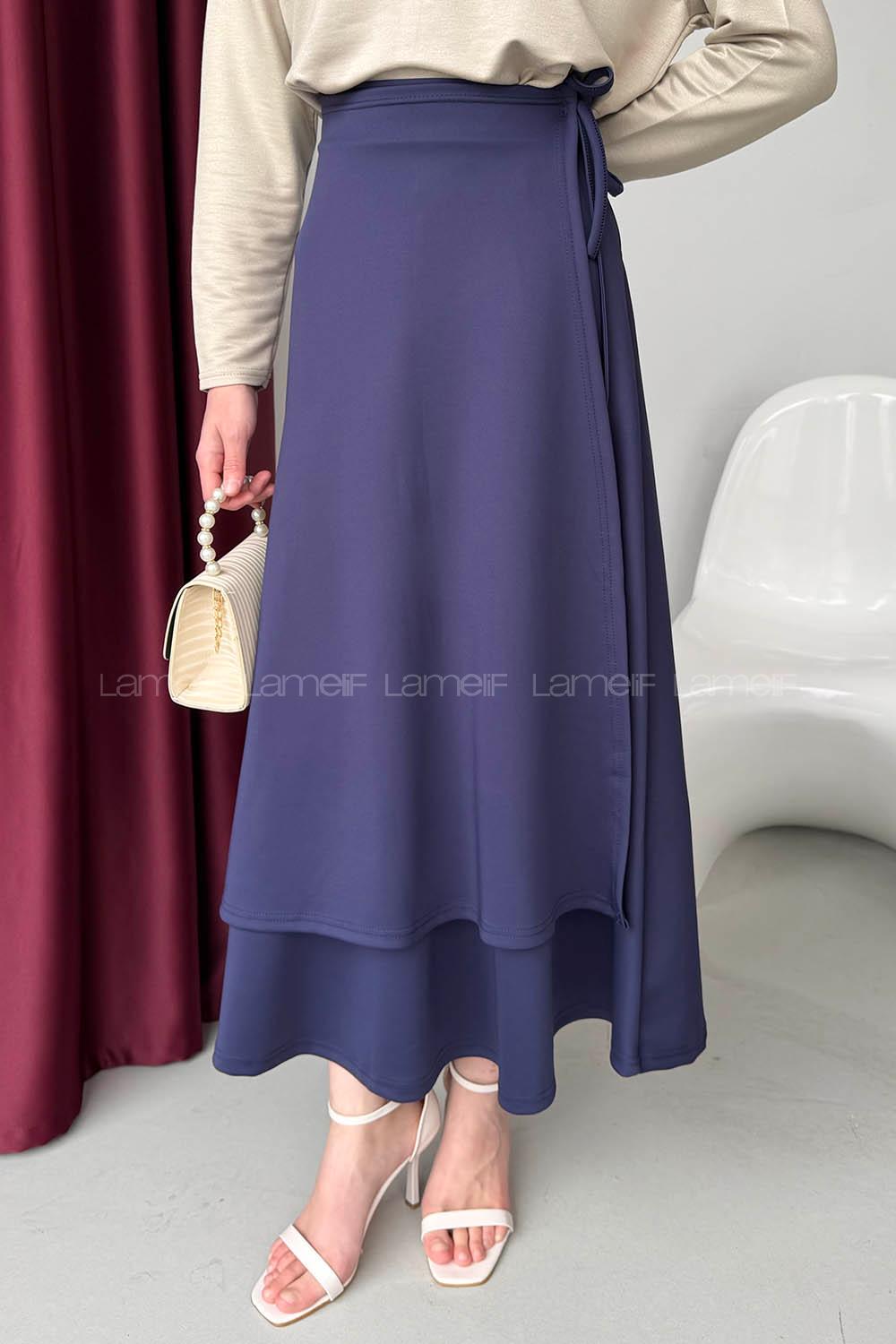 Lamelif Scuba Yandan Bağlamalı Çan Etek Lacivert