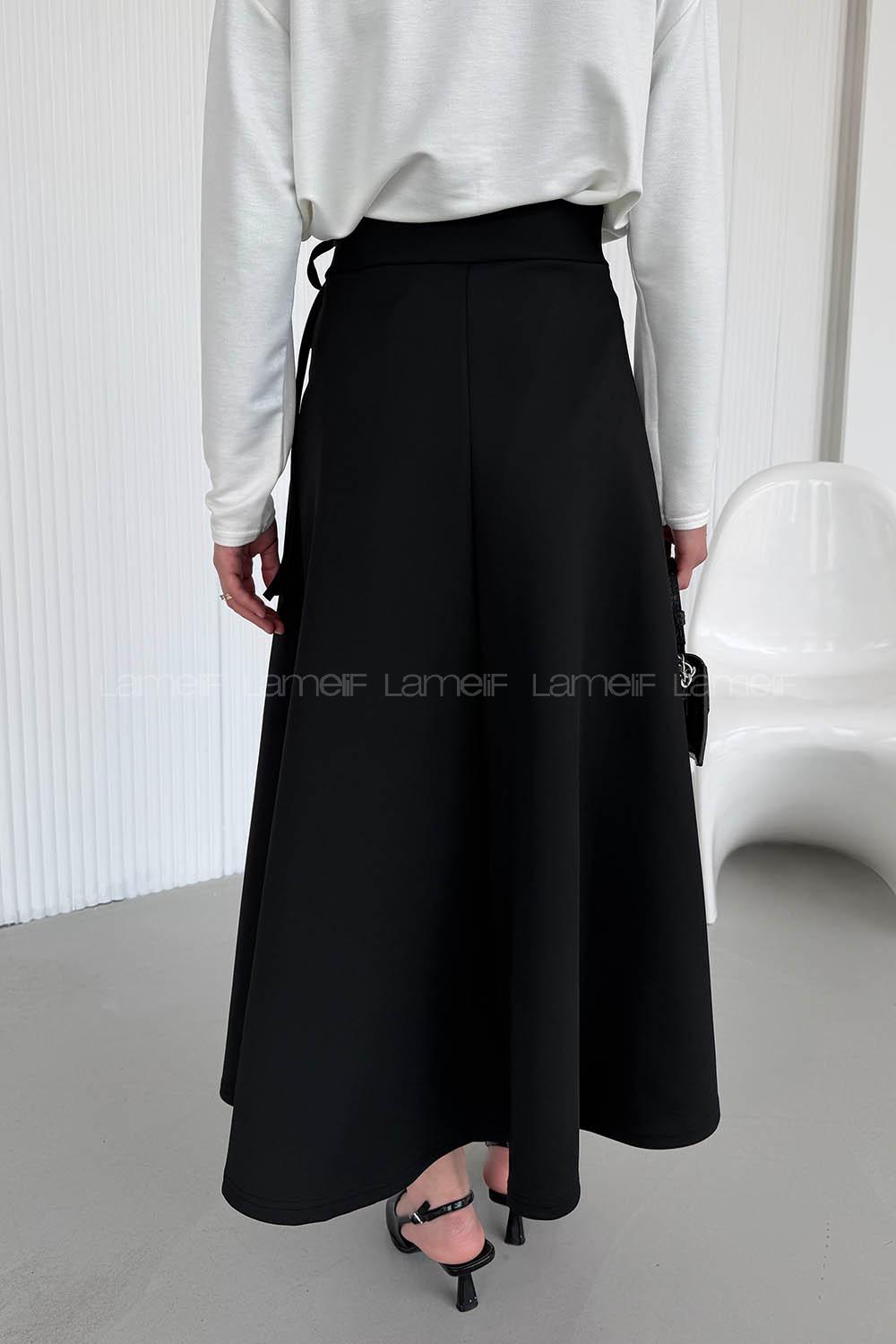 Lamelif Scuba Yandan Bağlamalı Çan Etek Siyah