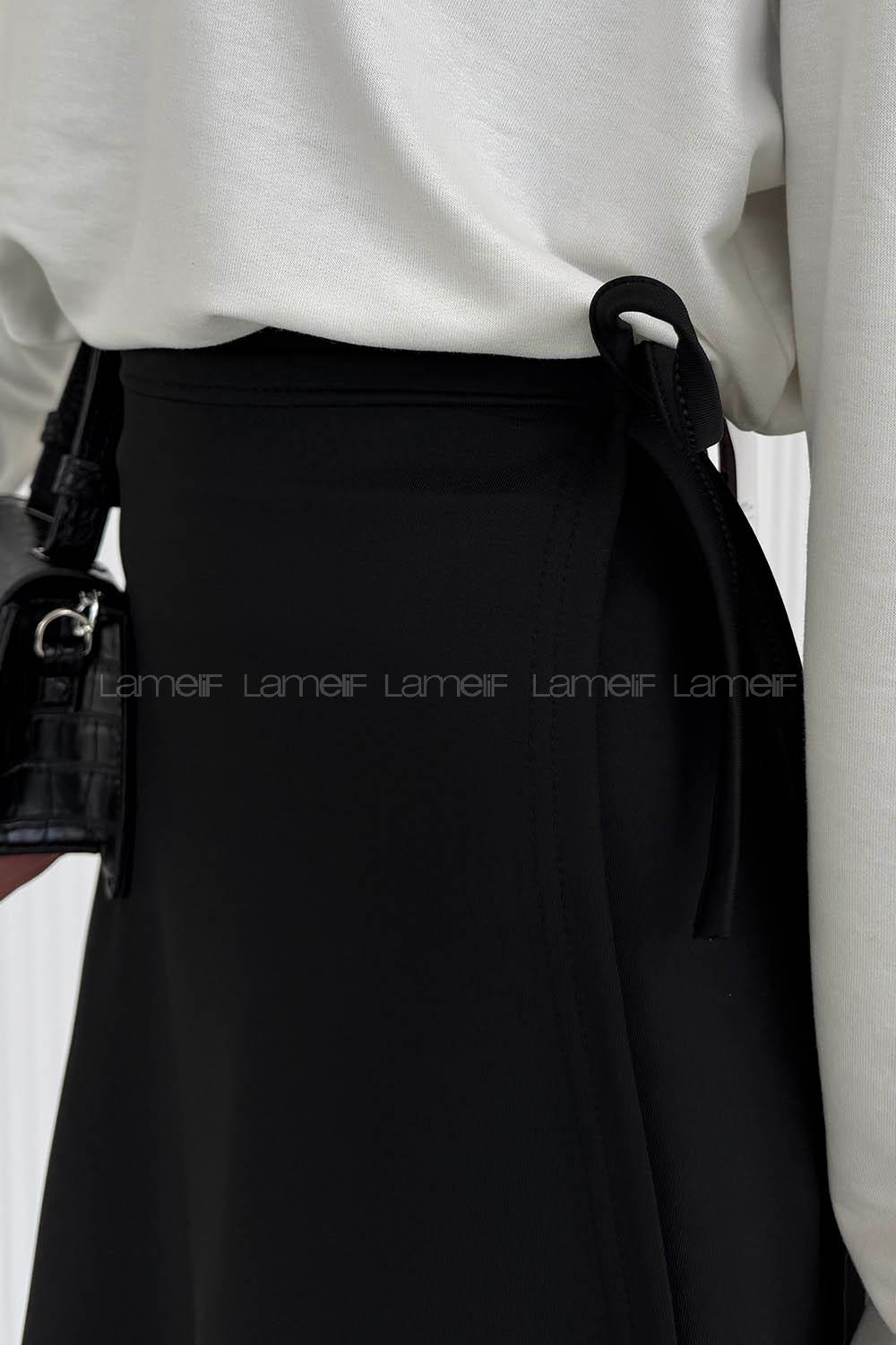 Lamelif Scuba Yandan Bağlamalı Çan Etek Siyah