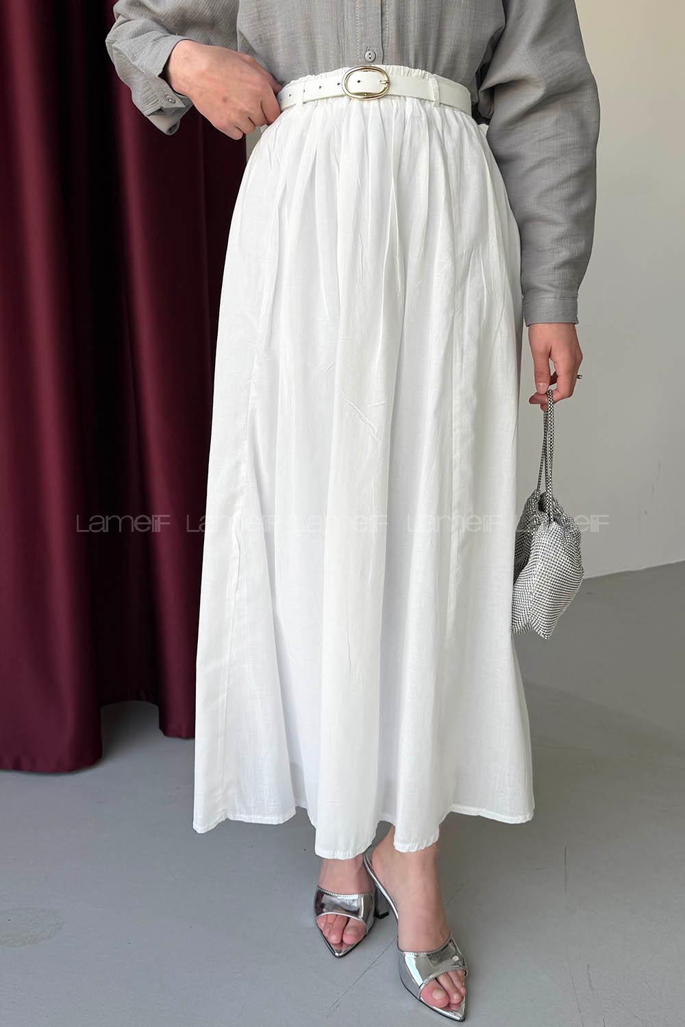 Lamelif Vual Kemerli Tesettür Etek Beyaz