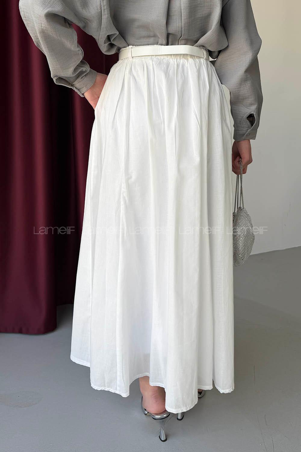 Lamelif Vual Kemerli Tesettür Etek Beyaz