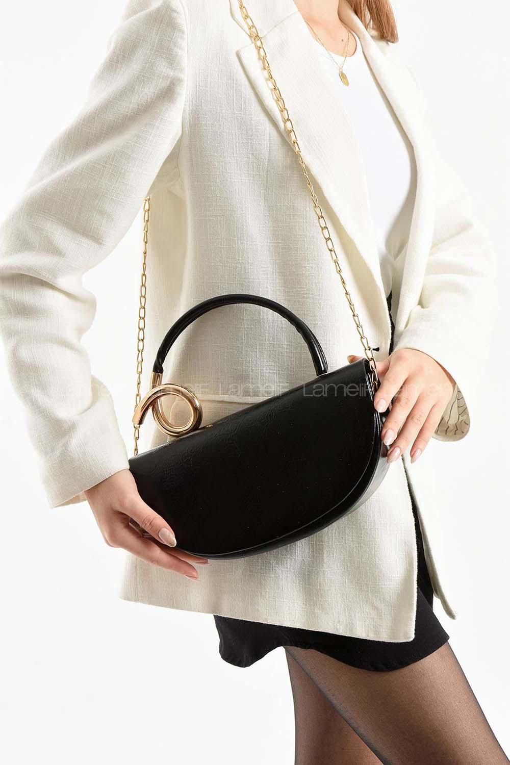 Lamelif  Aura Gold Detaylı El ve Omuz Çantası - Siyah